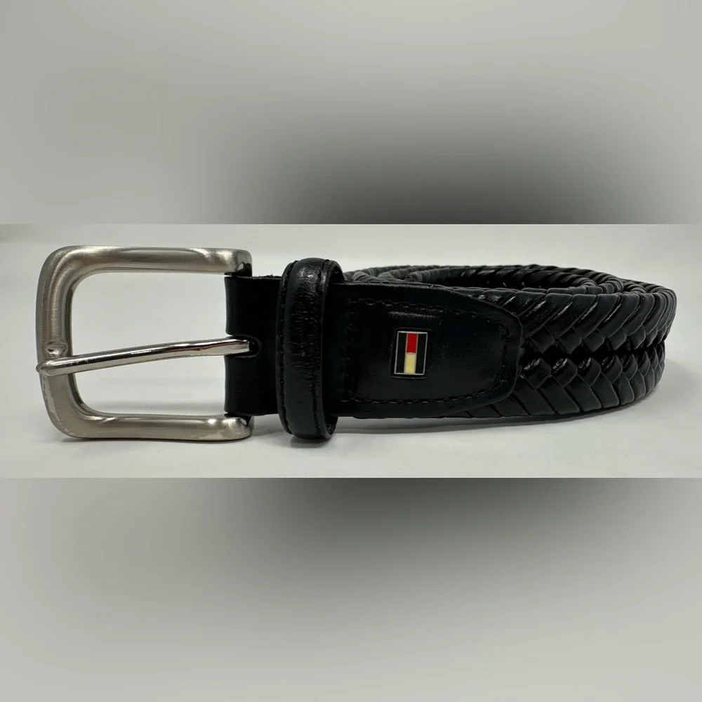 Tommy Hilfiger Braided Belt Mens 38/95 Black Leather Trim Casual Silver Buckle